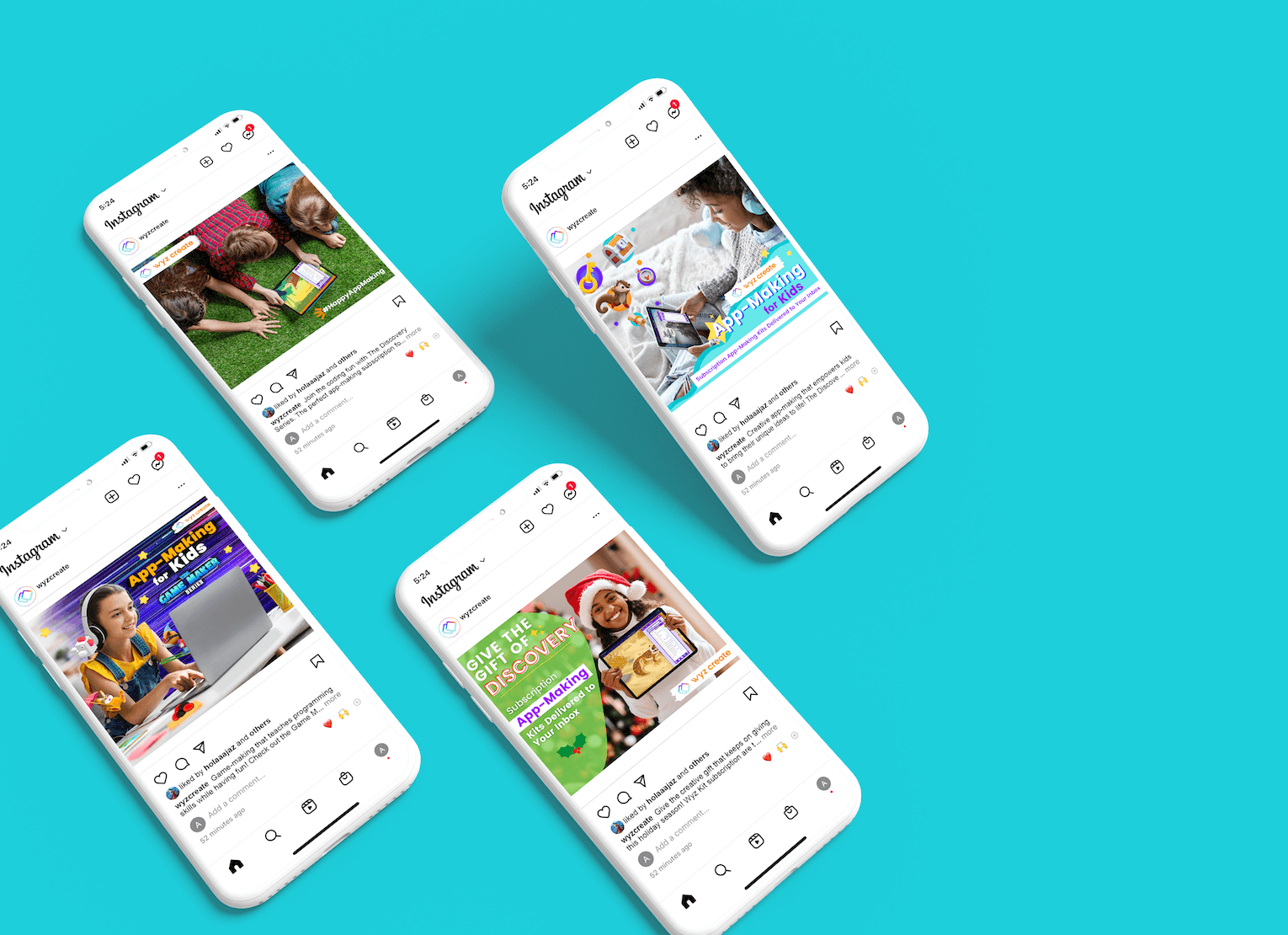 Multiple mobile phones featuring social media posts designed for Instagram.