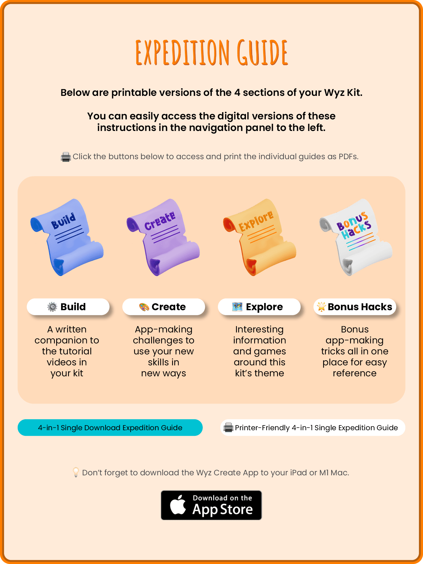 Screenshot of Wyz Create's Expedition Guide featuring the Wyz Kit's four sections, (1) Build, (2) Create, (3) Explore, and (4) Bonus Hacks.