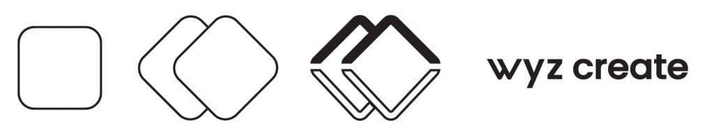 Image showing the creative approach to the wyz create logo, with a single app squircle followed by two overlapping squircles at 90 degrees, followed by the same design with outlines that make it look like the letter "W" at the bottom and its mirror image above, followed by the logotype featuring the same letter "w" as in the icon.