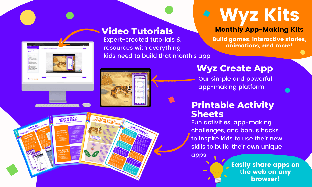 Image showing the components of a Wyz Create Wyz Kit including video tutorials, the wyz create app, and printable activity sheets.