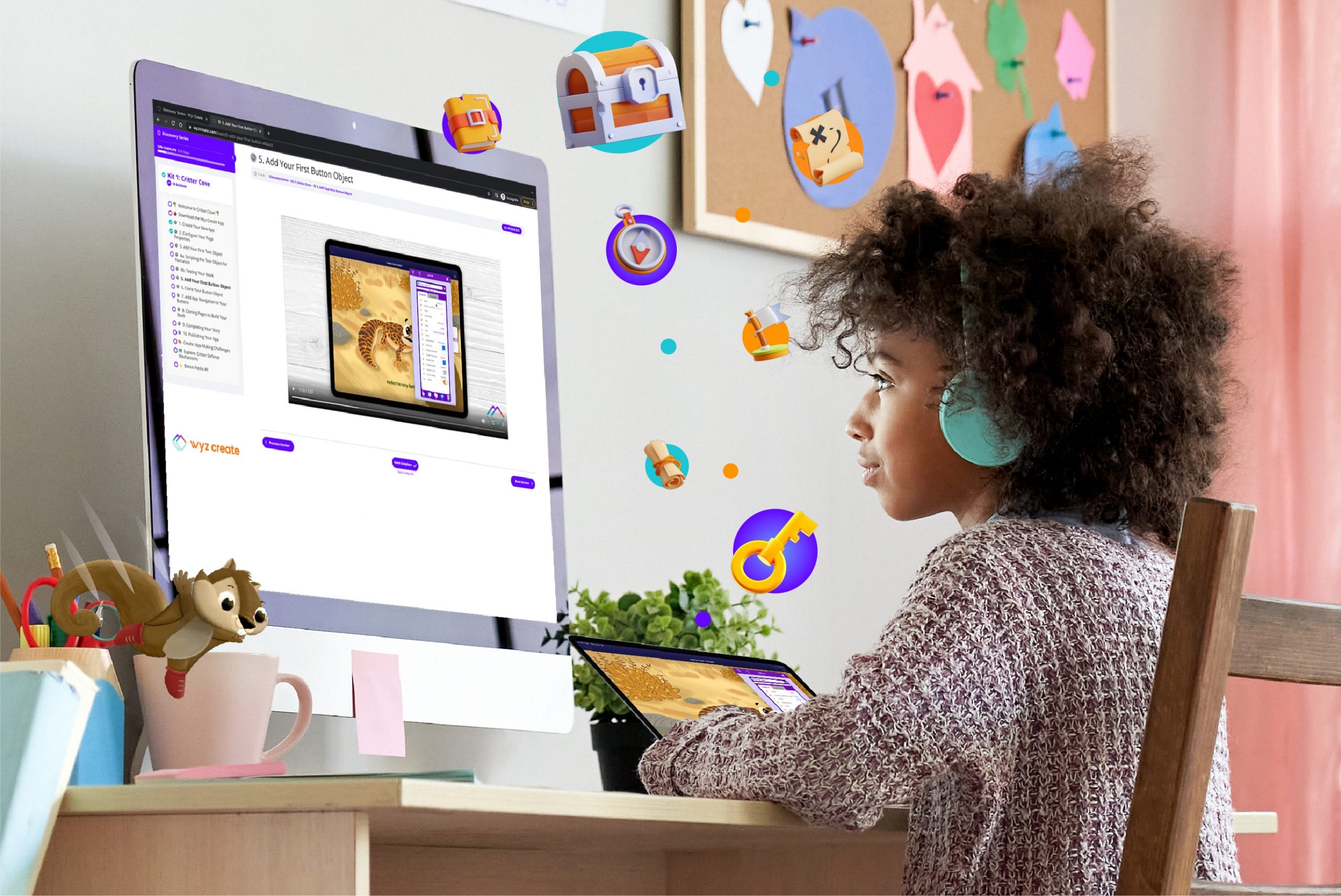 Photo of child watching a Wyz Create tutorial on a desktop Mac and building an app on an ipad with whimsical images of a treasure chest, key, compass, and scroll overlaid on top.