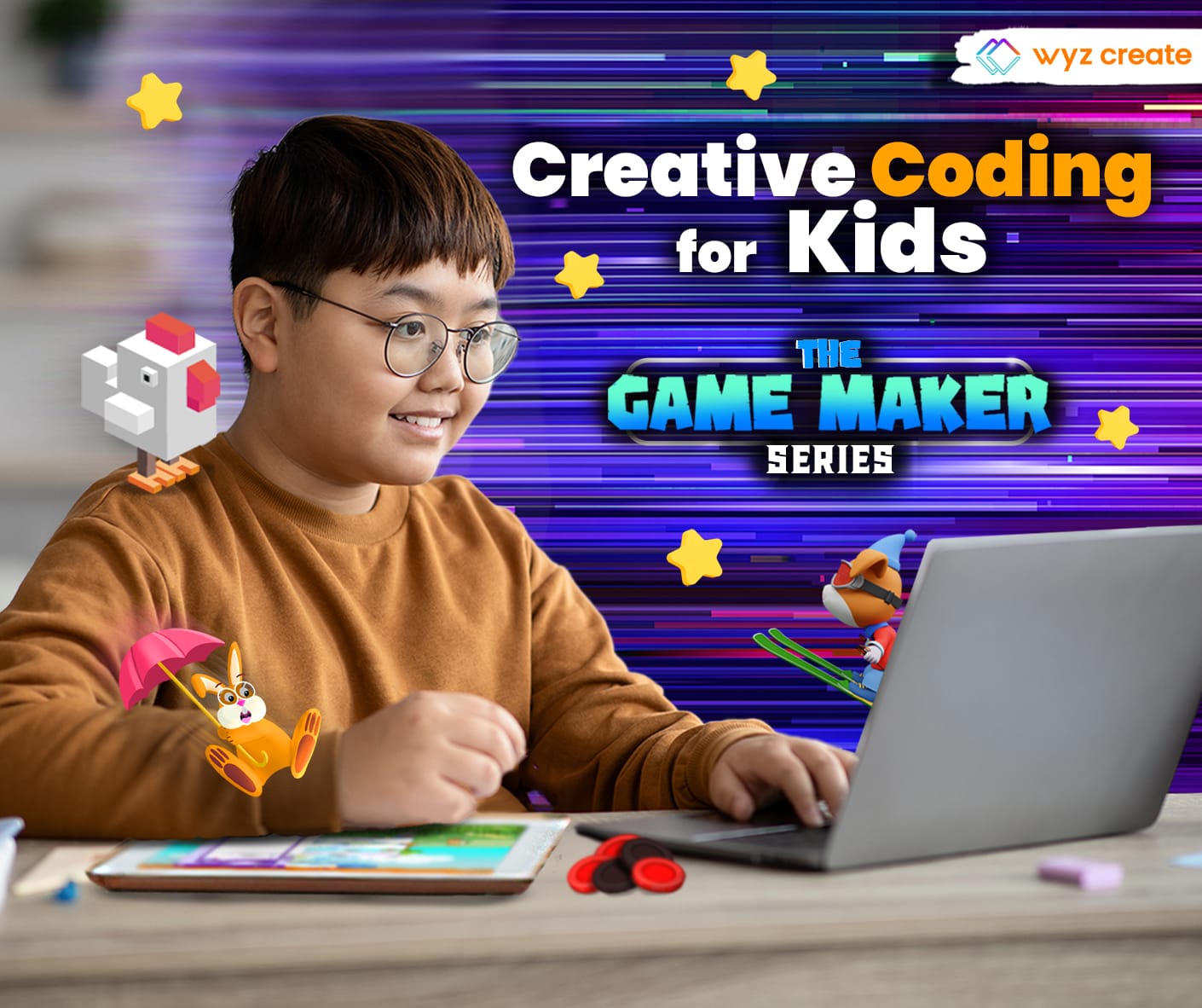 Promotional image for Wyz Create's Game Maker Series which shows a child on a laptop and ipad with the words "Creative Coding for Kids" to the side and whimsical characters around the table.