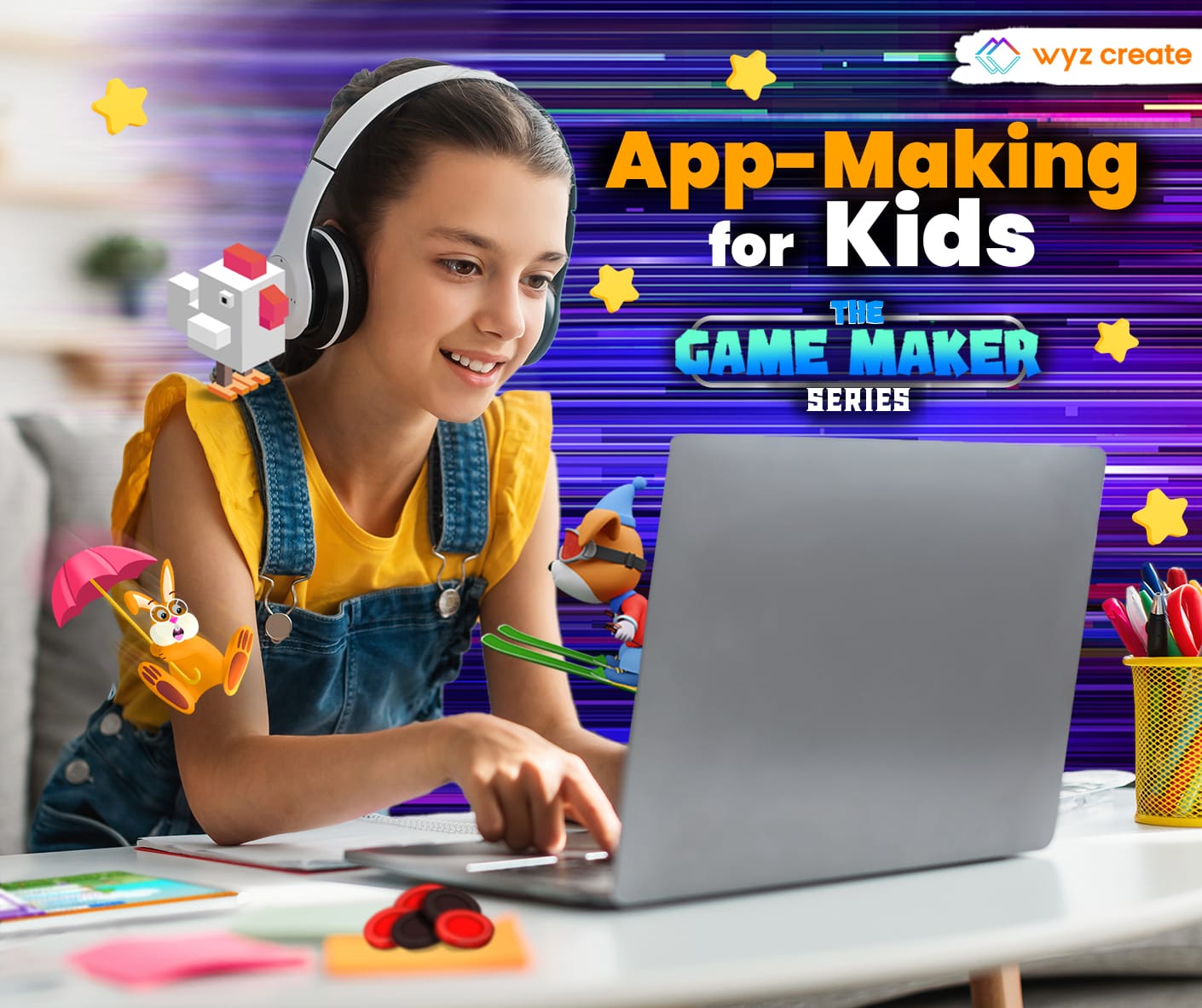 Promotional image for Wyz Create's Game Maker Series which shows a child on a laptop and ipad with the words "Creative Coding for Kids" to the side and whimsical characters around the table.