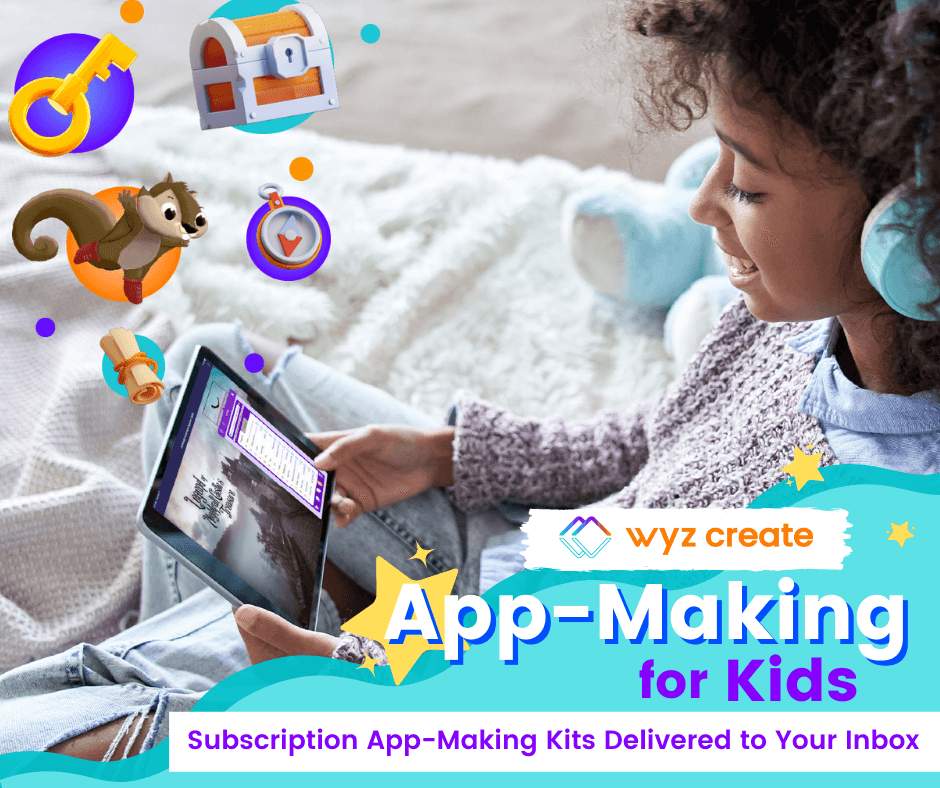Promotional image for Wyz Create's app-making product with a child building an app on an ipad and the words "app-making for kids" below.