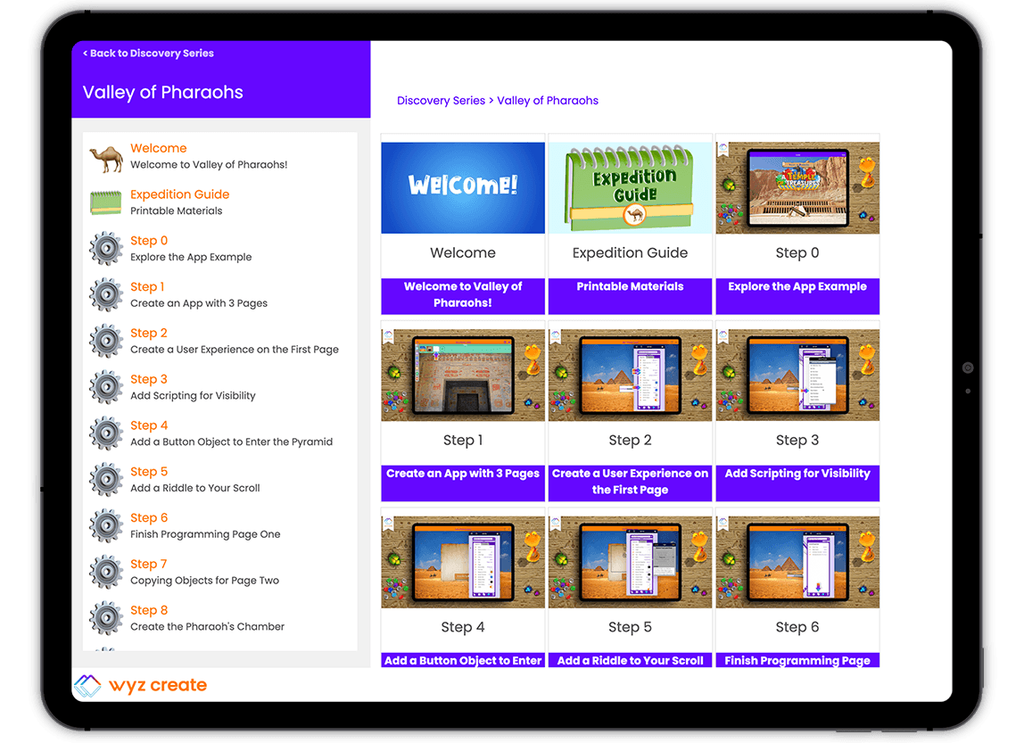 Ipad screenshot of Wyz Create learning management system.