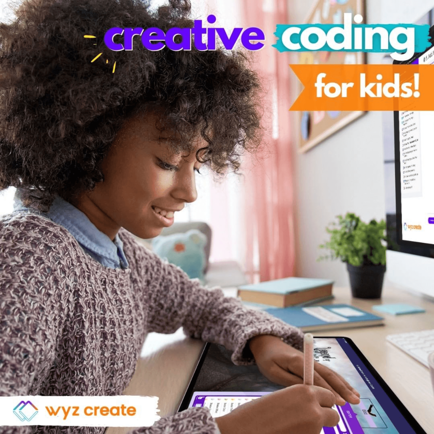 Photo of child watching a Wyz Create tutorial on a desktop Mac and building an app on an ipad with whimsical images of a treasure chest, key, compass, and scroll overlaid on top.
