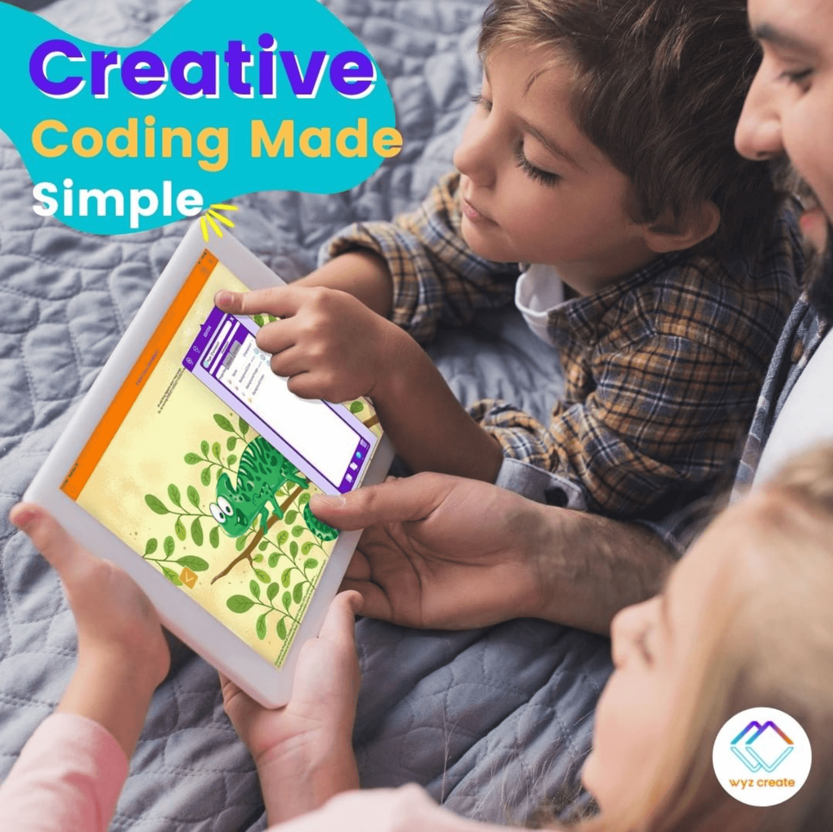 Promotional image for Wyz Create featuring a father and two children surrounding an ipad while they build and app and the words "creative coding made simple" at the top of the image.