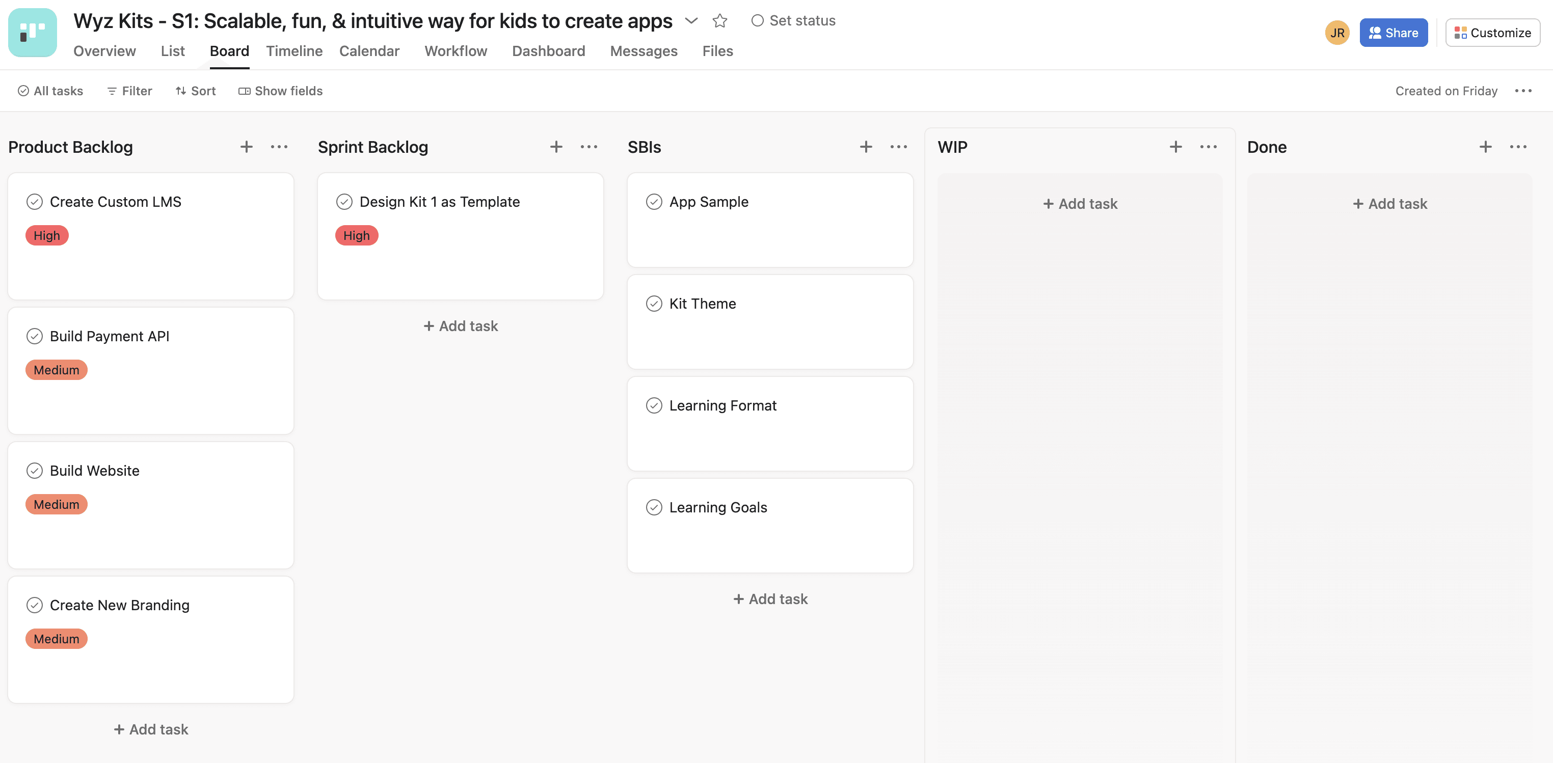 Wyz Kits Kanban board for product planning.