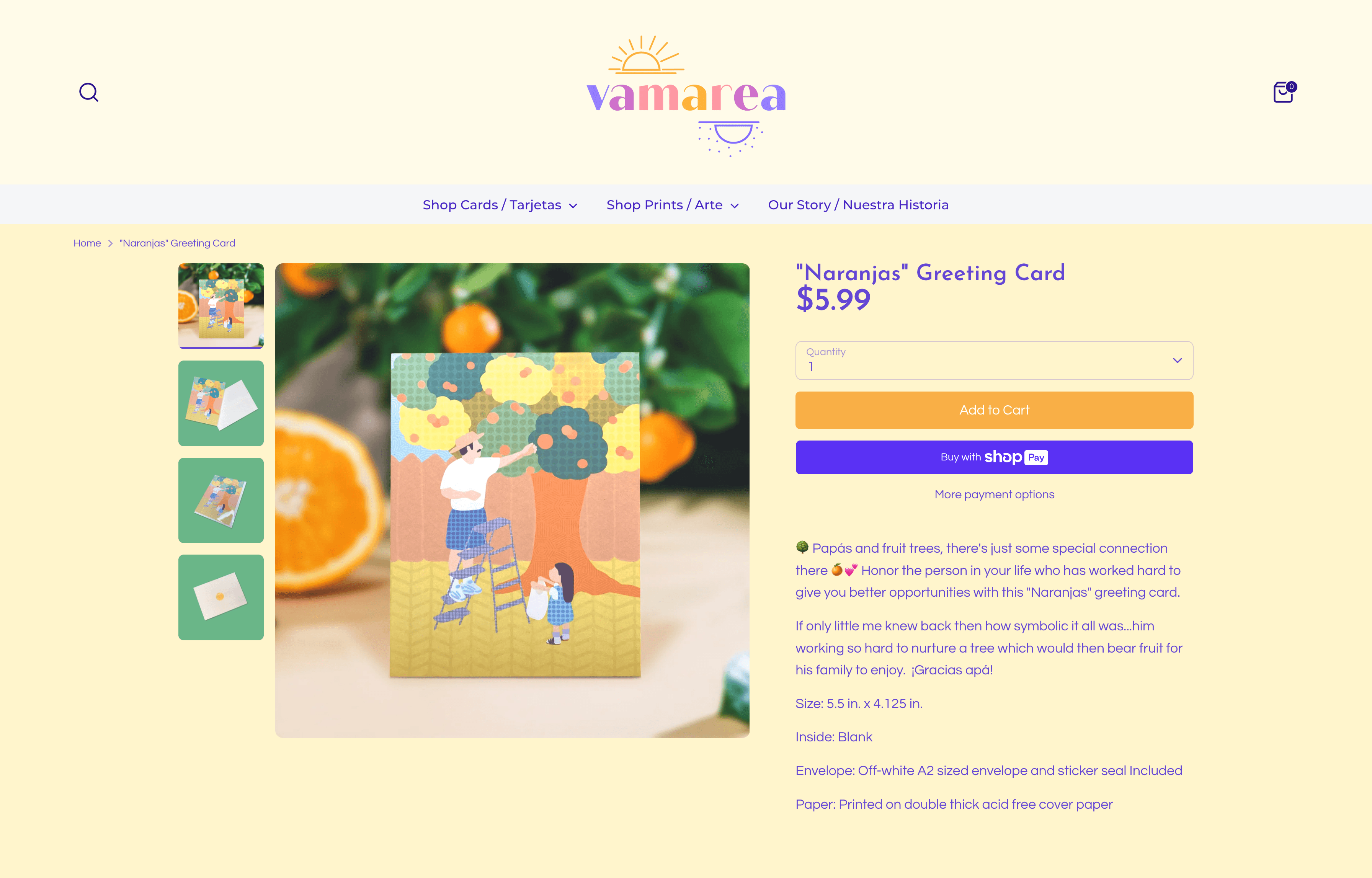 Screenshot of Vamarea "Naranjas" greeting card information page.