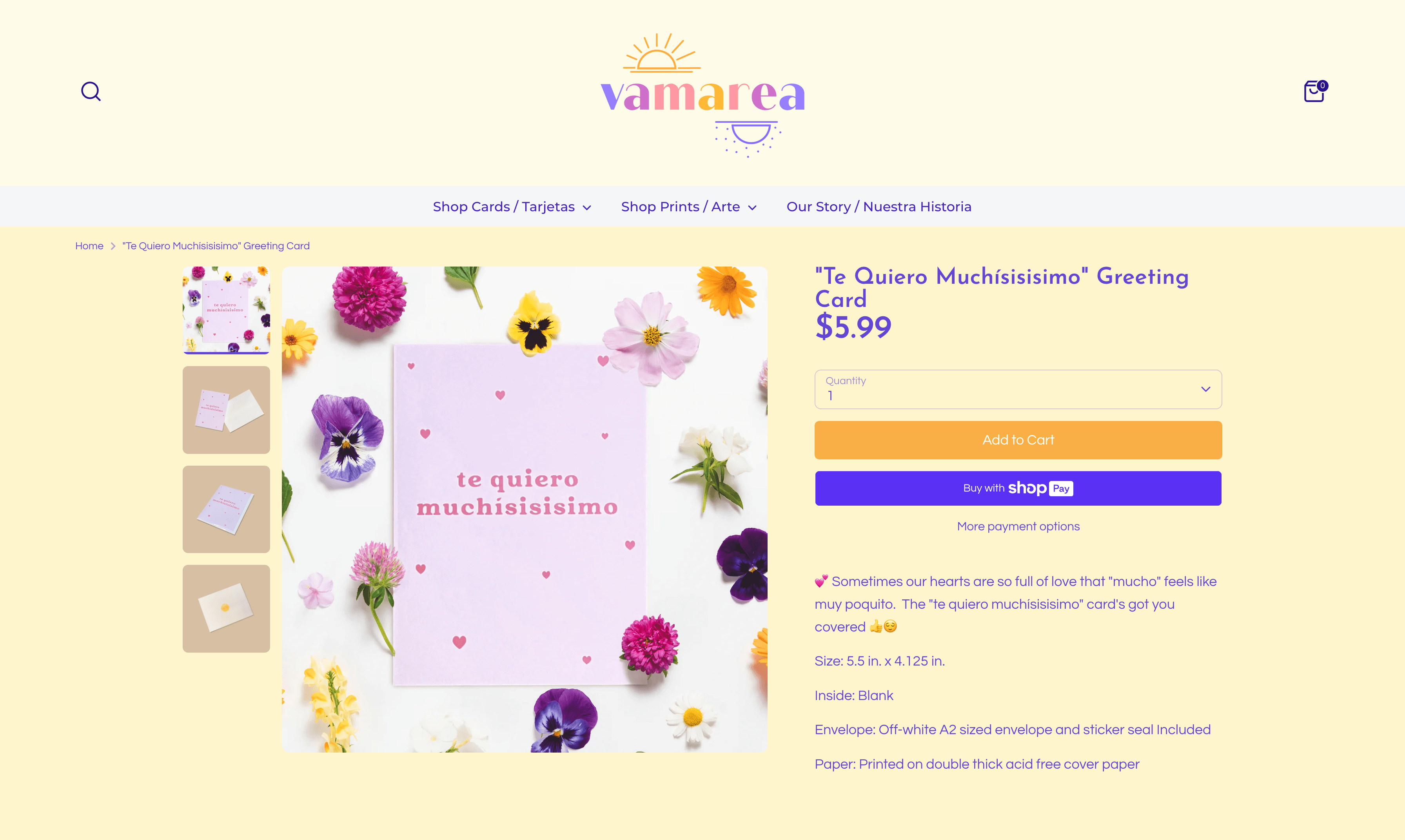 Screenshot of Vamarea "Te Quiero Muchisisisimo" greeting card information page.