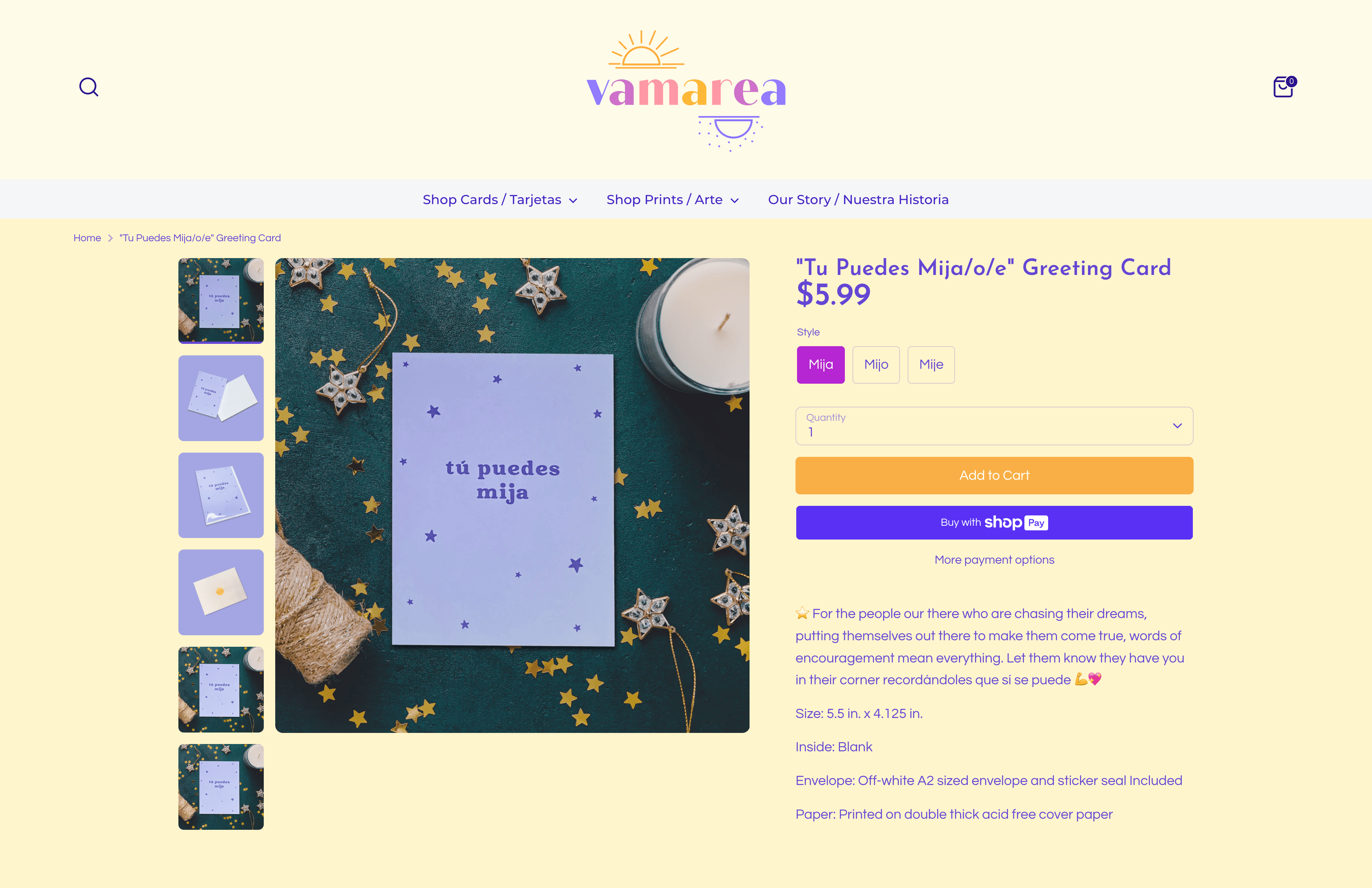 Screenshot of Vamarea "Tu Puedes MIja" greeting card information page.