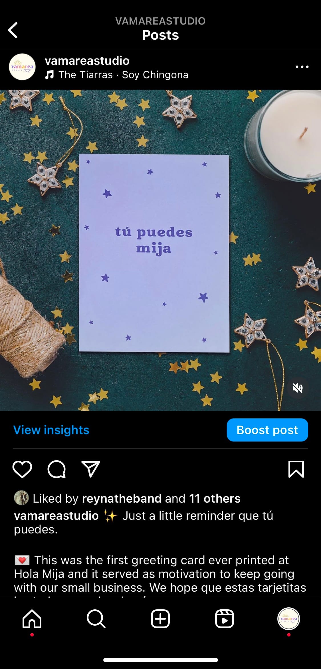 Screenshot of Vamarea instagram post showcasing a purple greeting card with the words "Tu puedes mija".
