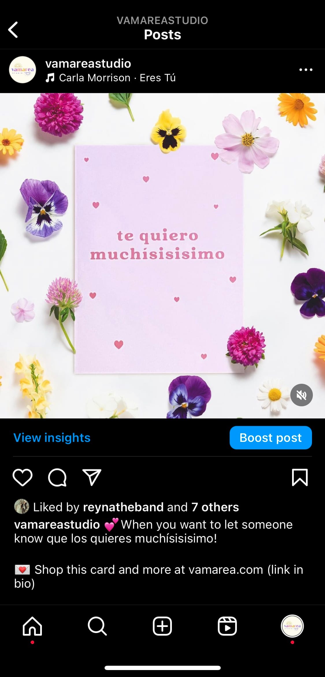 Screenshot of Vamarea instagram post showcasing a pink greeting card with the words "Te quiero muchisisisimo".