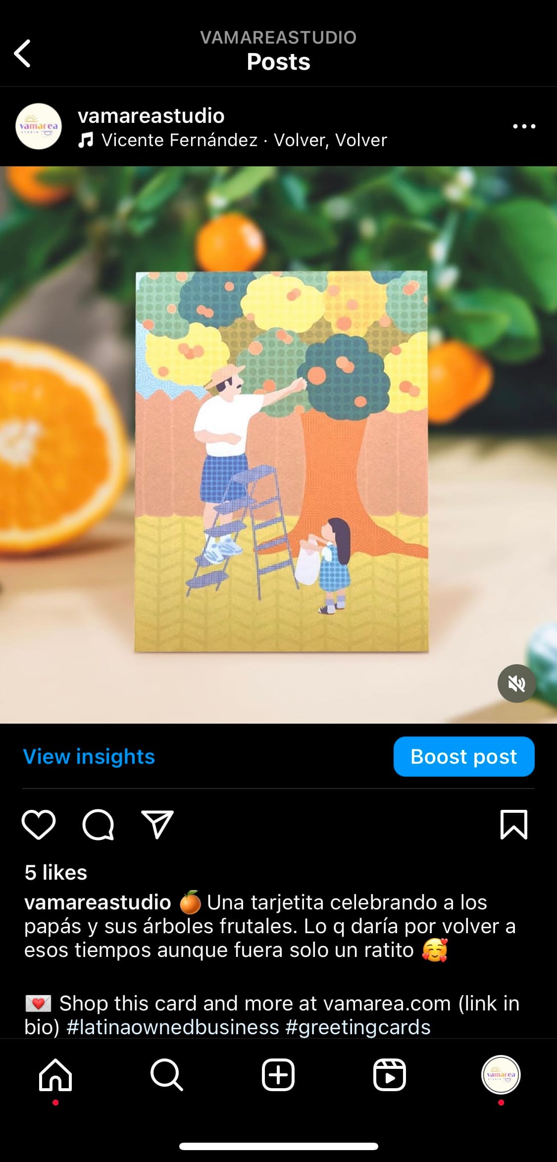 Screenshot of Vamarea instagram post showcasing a greeting card with an illustration of a man and girl collecting oranges from a tree.
