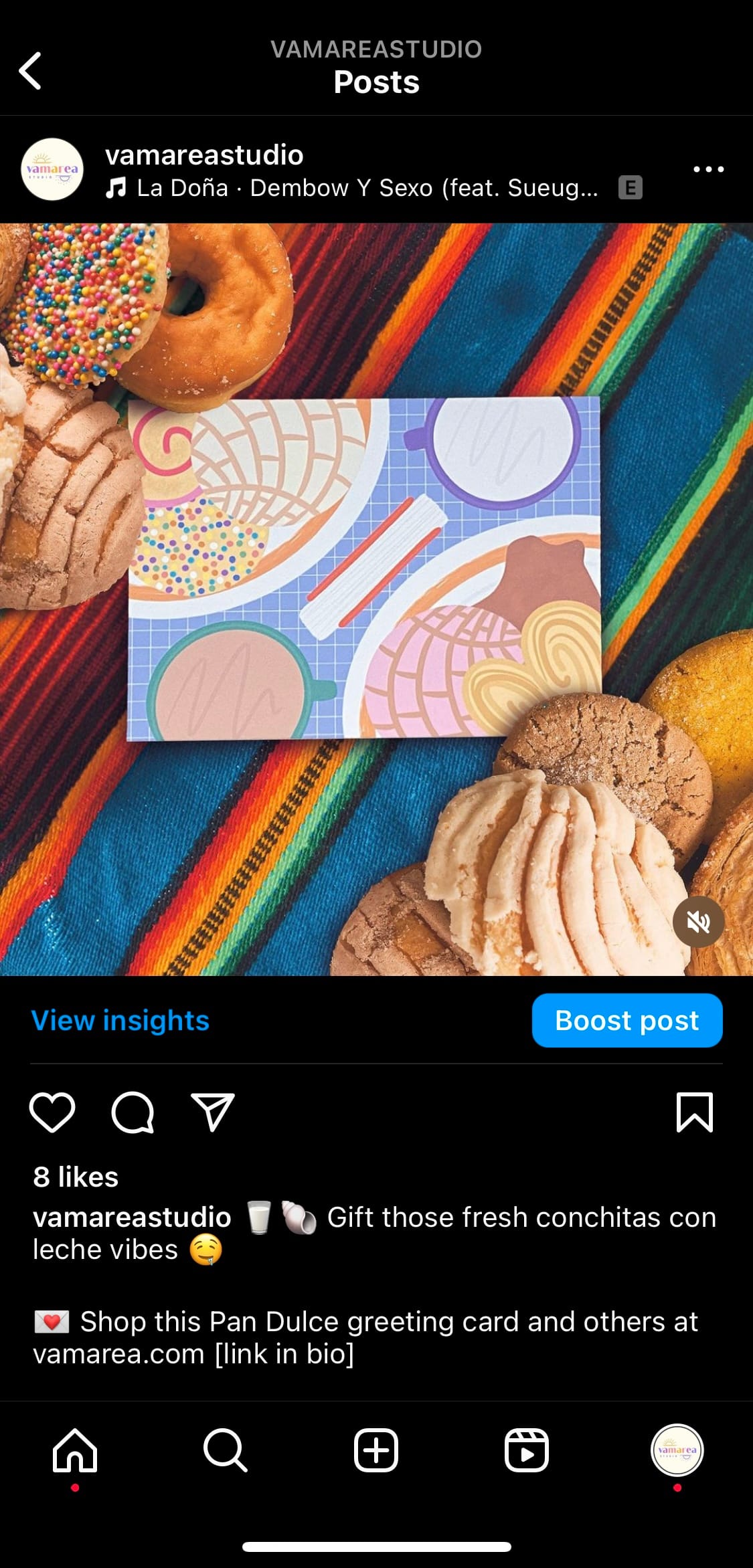 Screenshot of Vamarea instagram post showcasing a greeting card with illustrations of Mexican sweet bread.