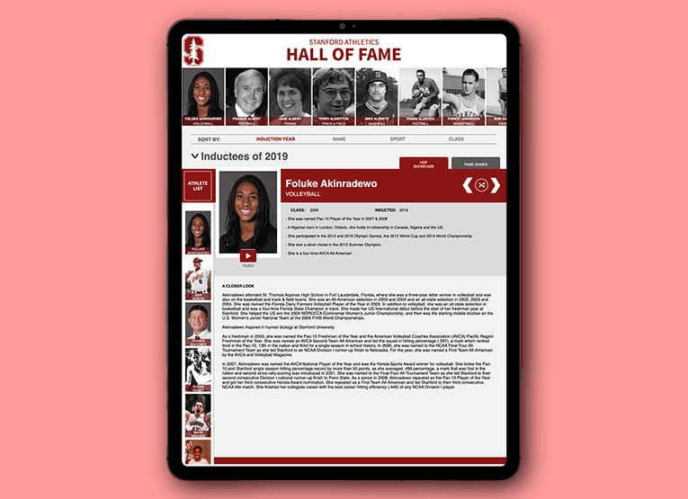 Preview of Hall Of Fame Data Visualization App designed for Stanford Athletics.