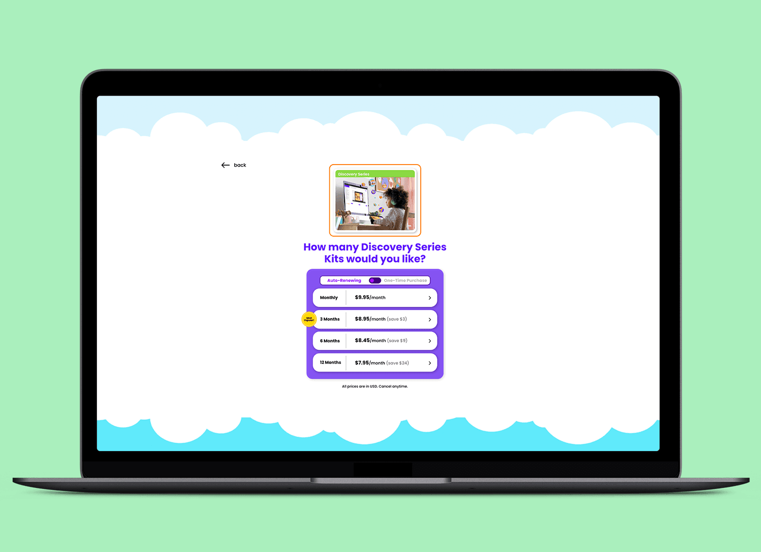 Preview of Wyz Kits subscription purchase screen on a laptop.